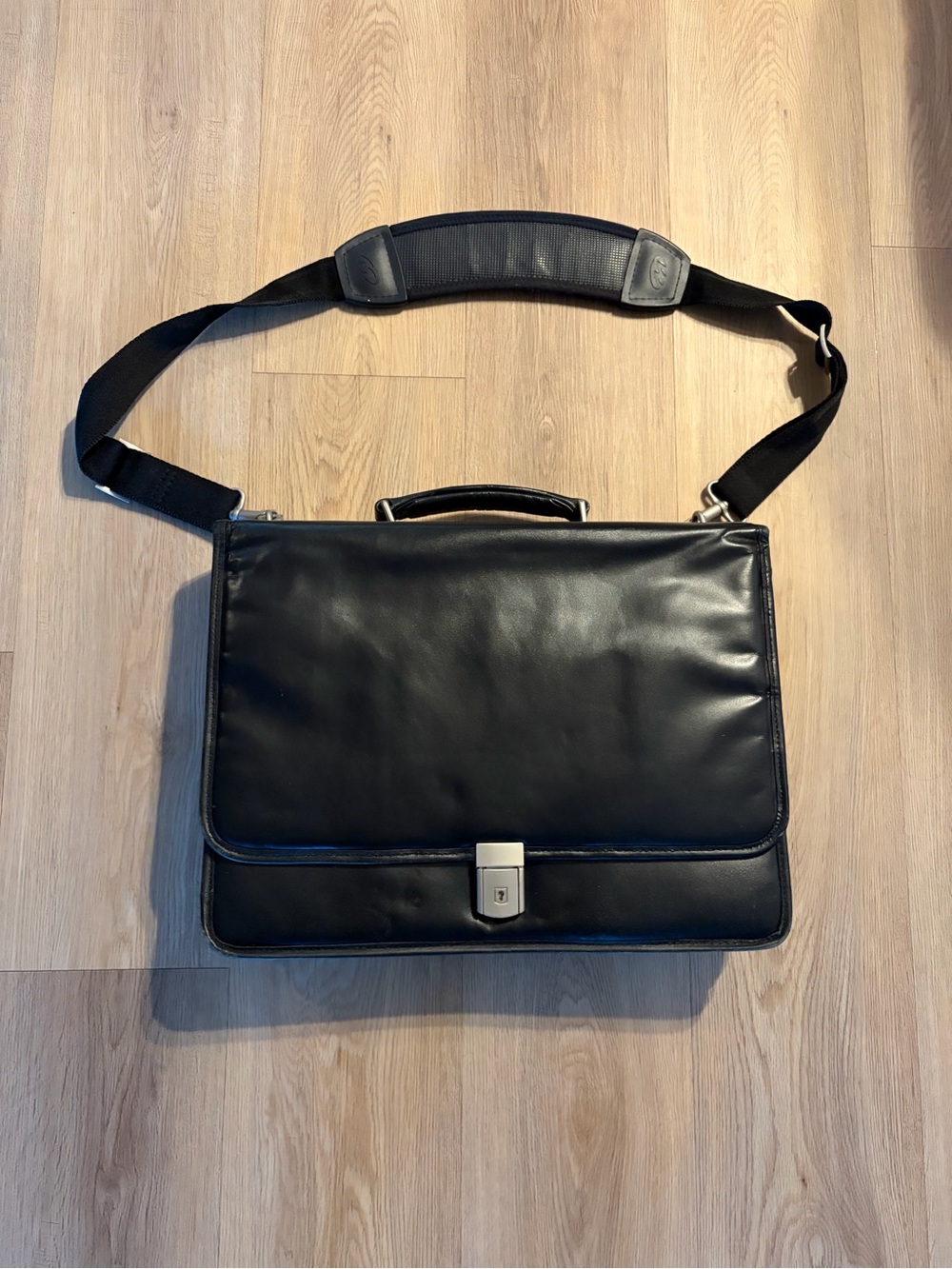 Men's Black Leather Briefcase with Shoulder Strap